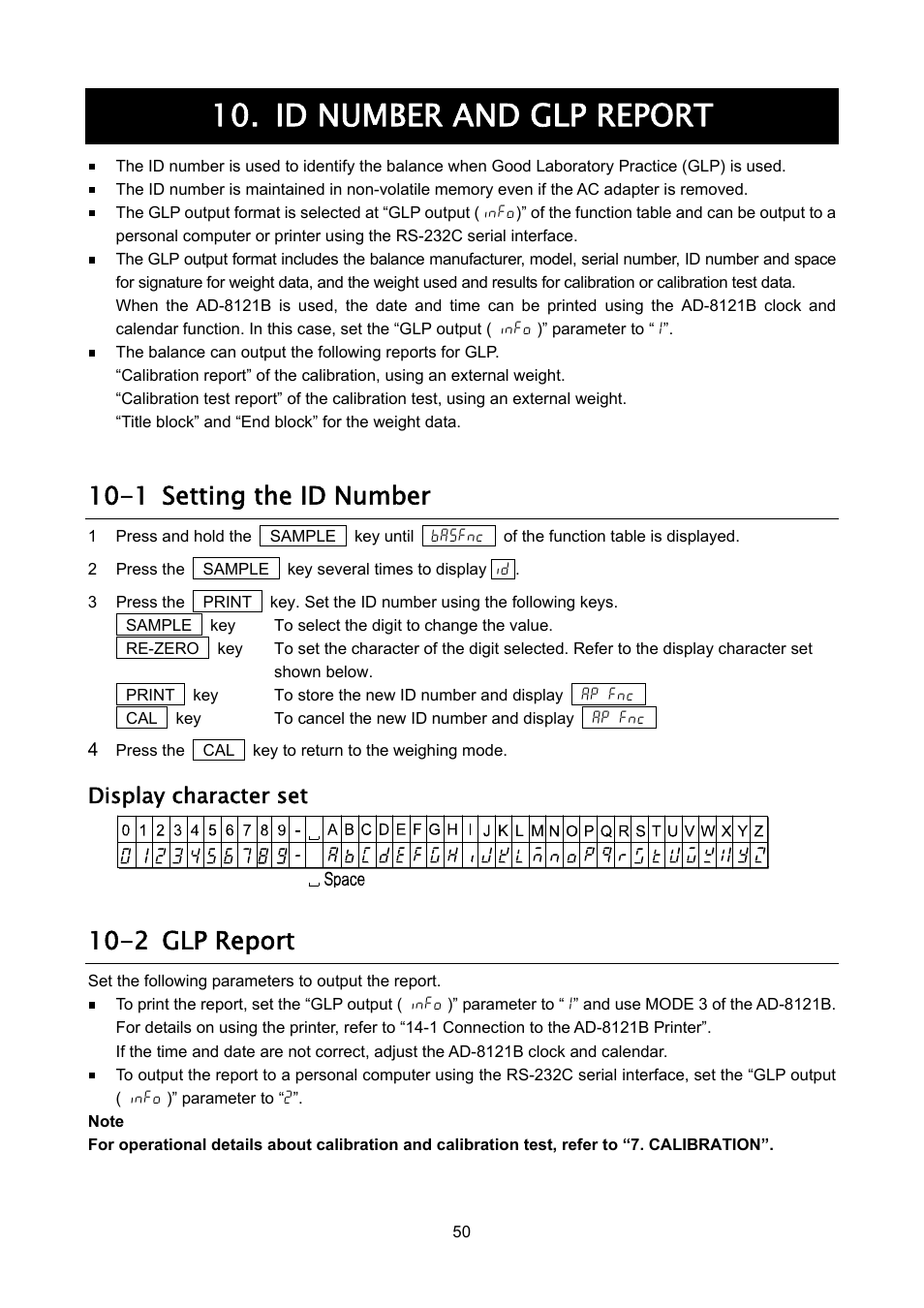 Id number and glp report, 1 setting the id number, 2 glp report | Display character set | A&D Weighing FX-3000iWP User Manual | Page 52 / 80