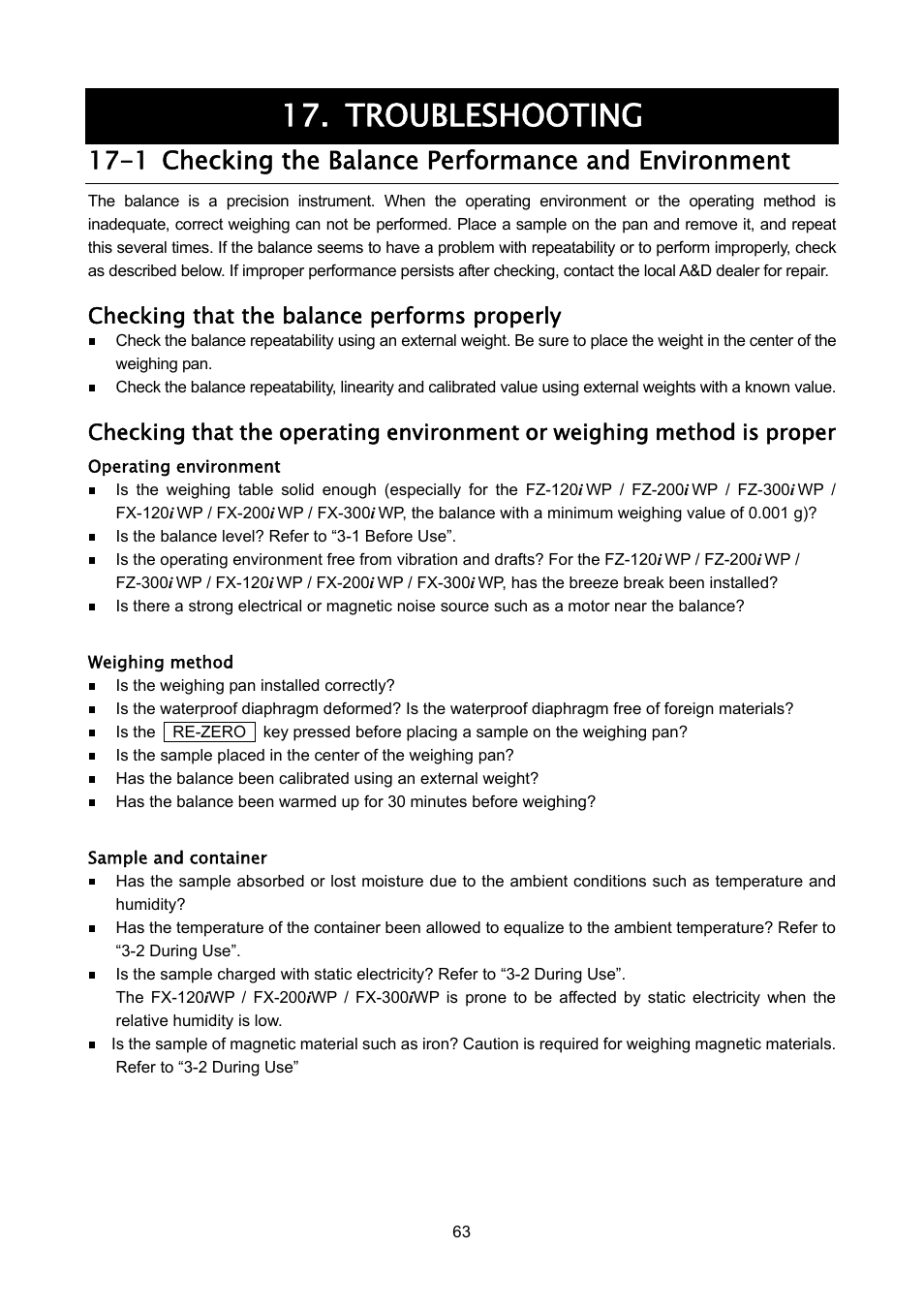 Troubleshooting, 1 checking the balance performance and environment, Checking that the balance performs properly | A&D Weighing FX-3000iWP User Manual | Page 65 / 80