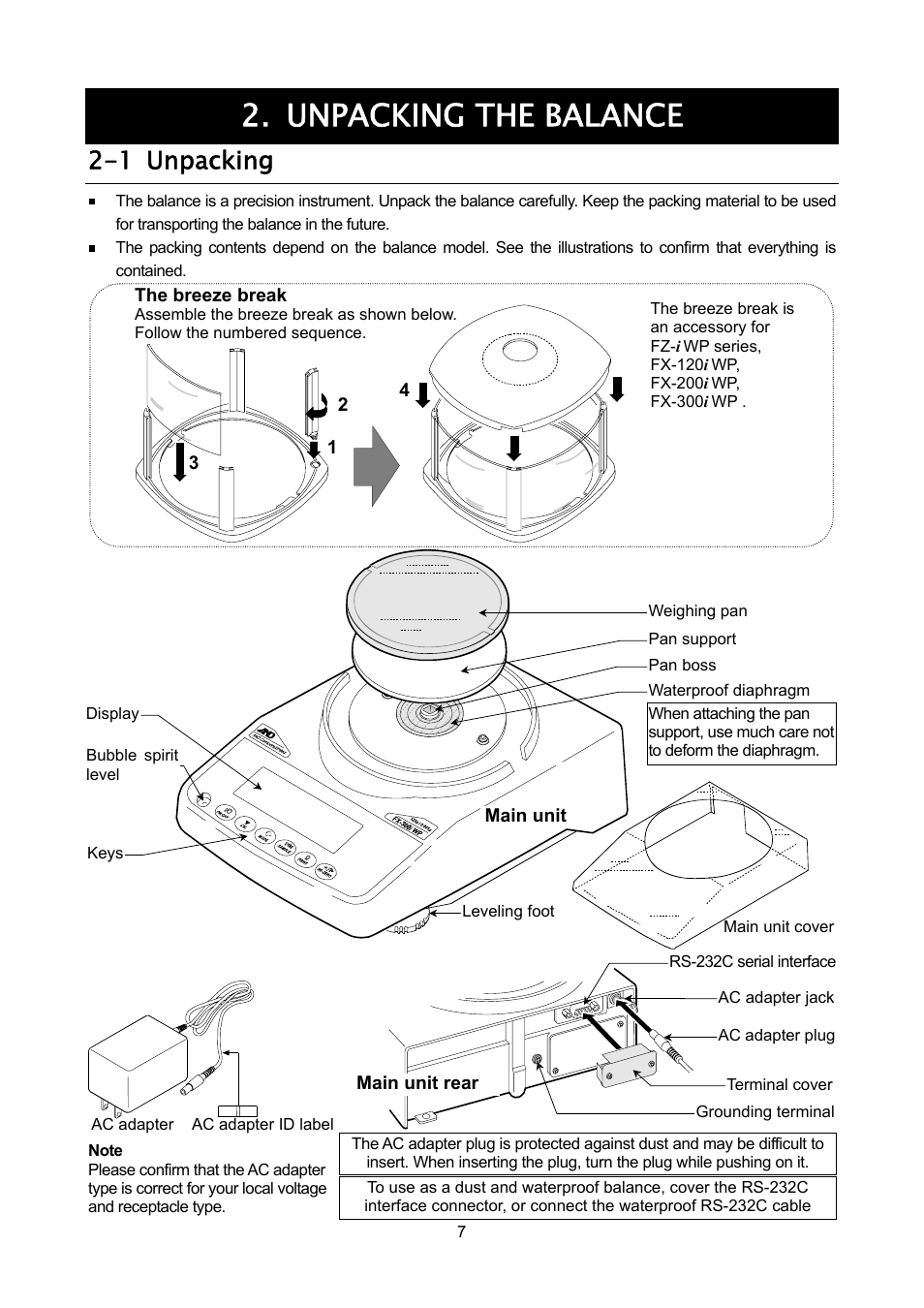 Unpacking the balance, 1 unpacking | A&D Weighing FX-3000iWP User Manual | Page 9 / 80