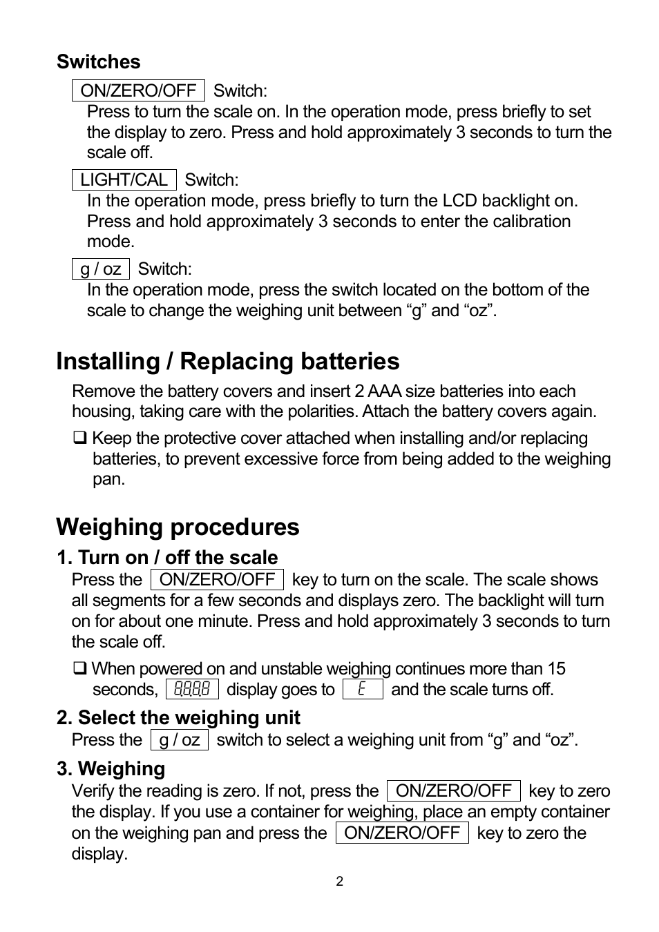 Installing / replacing batteries, Weighing procedures | A&D Weighing HJ-150 User Manual | Page 2 / 4