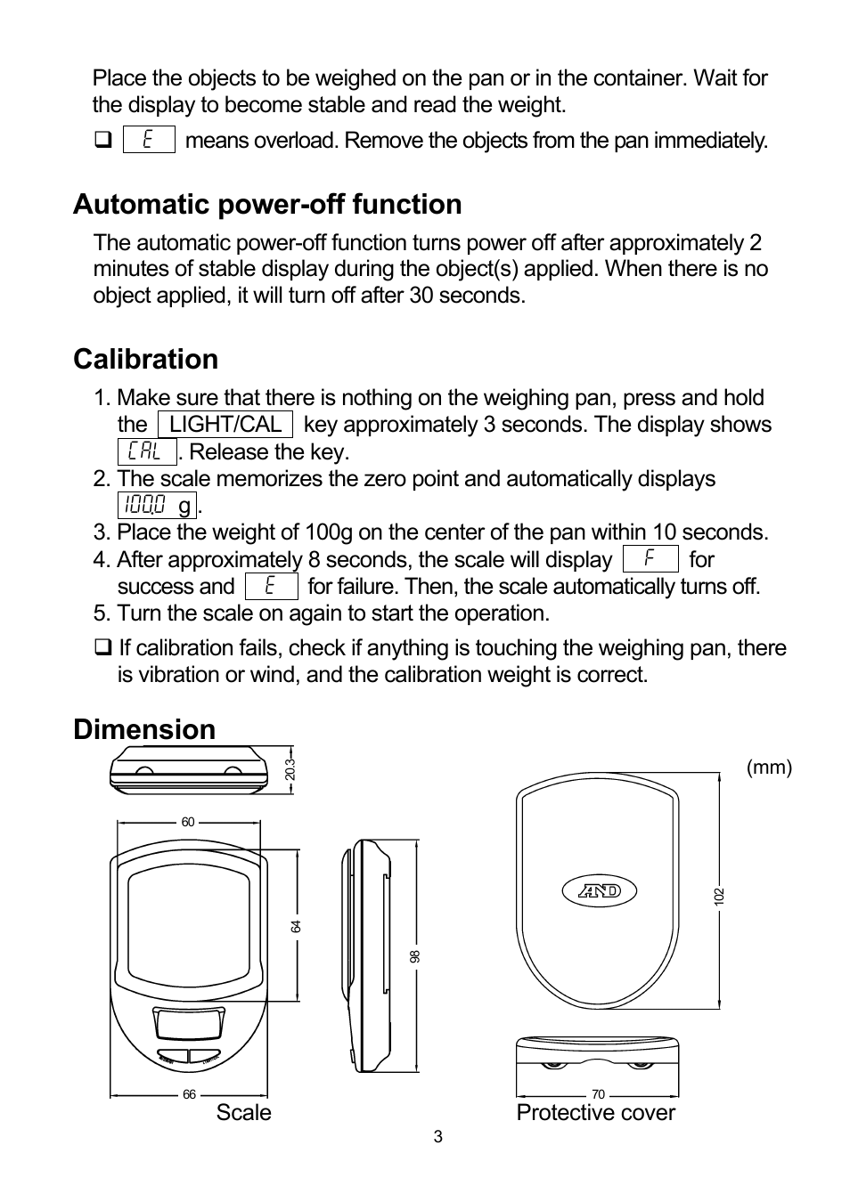 Automatic power-off function, Calibration, Dimension | A&D Weighing HJ-150 User Manual | Page 3 / 4