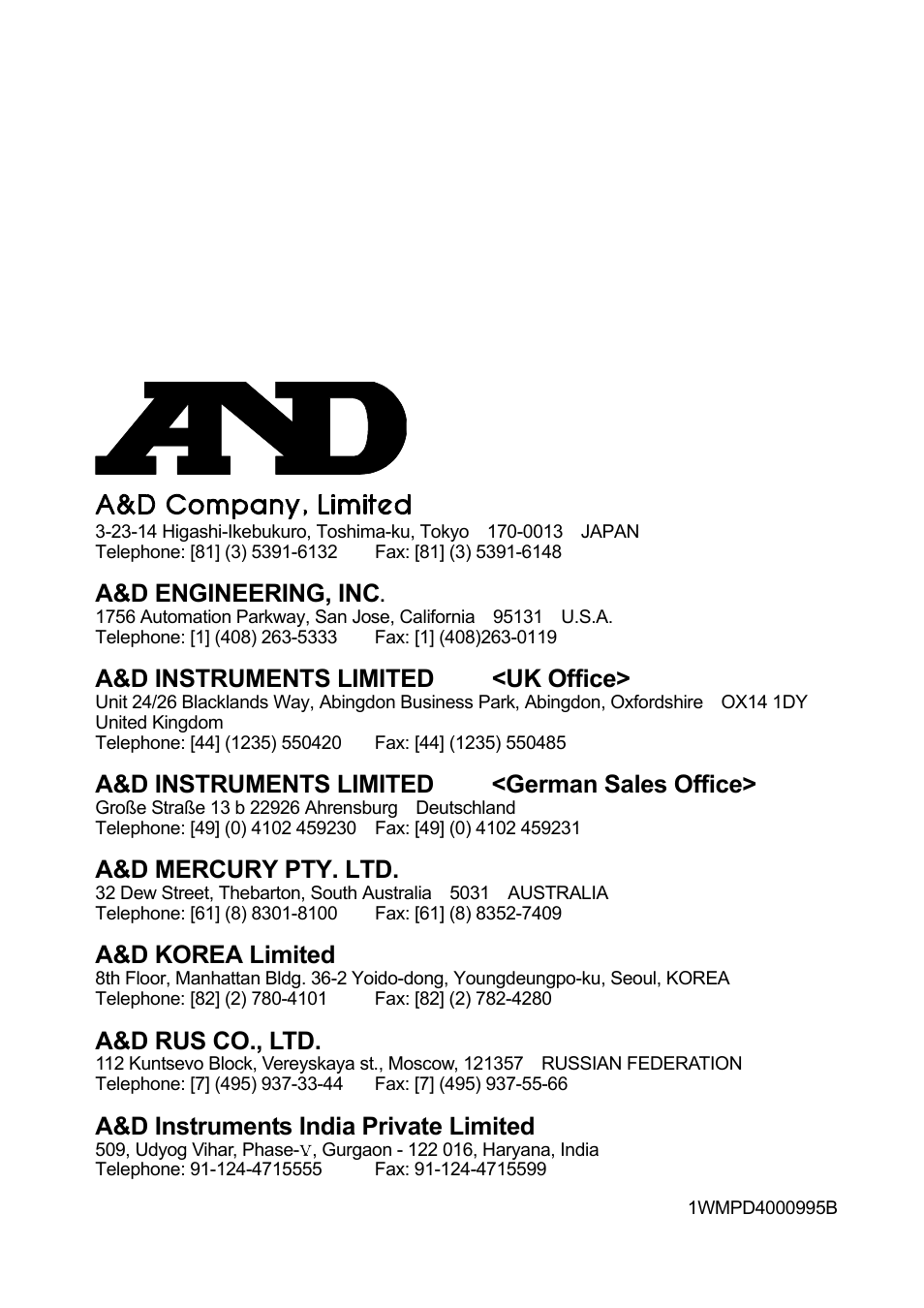 A&d engineering, inc, A&d instruments limited <uk office, A&d instruments limited <german sales office | A&d mercury pty. ltd, A&d korea limited, A&d rus co., ltd, A&d instruments india private limited | A&D Weighing HJ-150 User Manual | Page 4 / 4