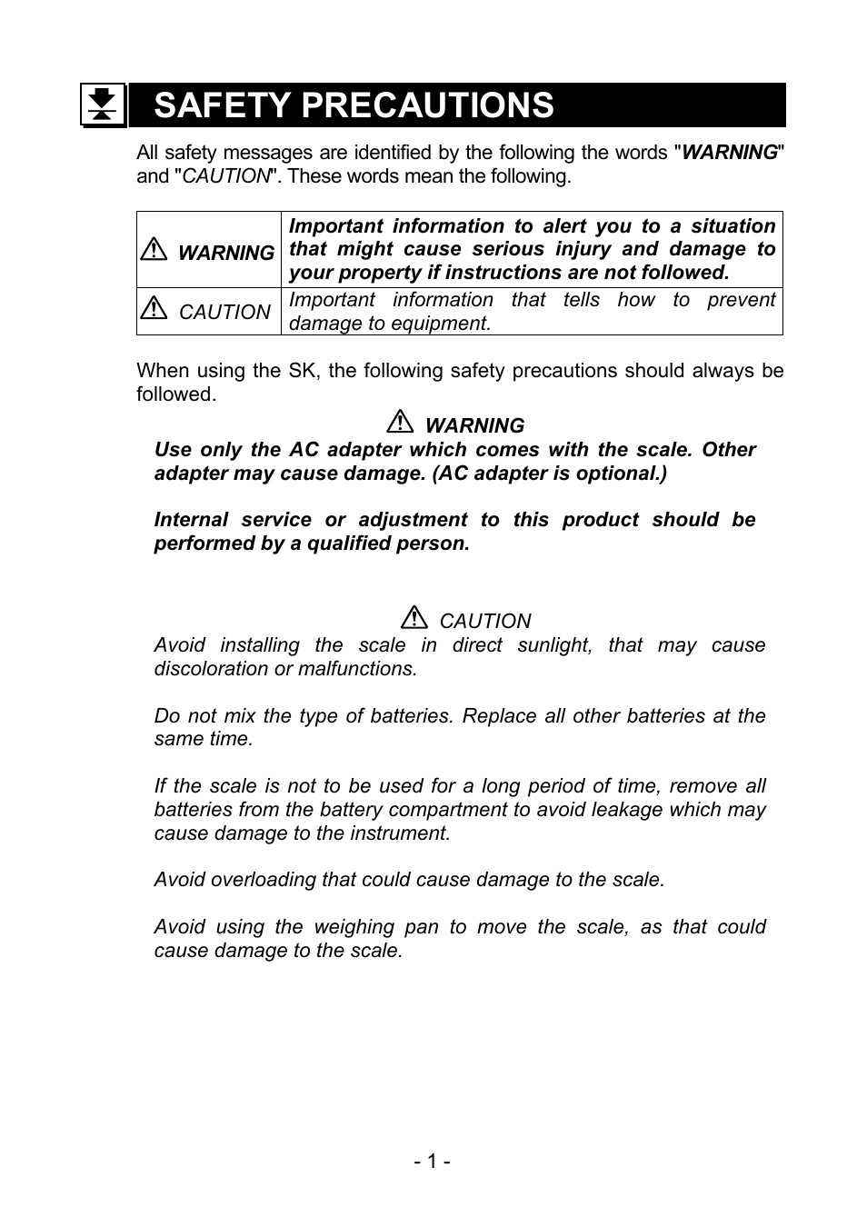 Safety precautions | A&D Weighing SK-30K User Manual | Page 2 / 10