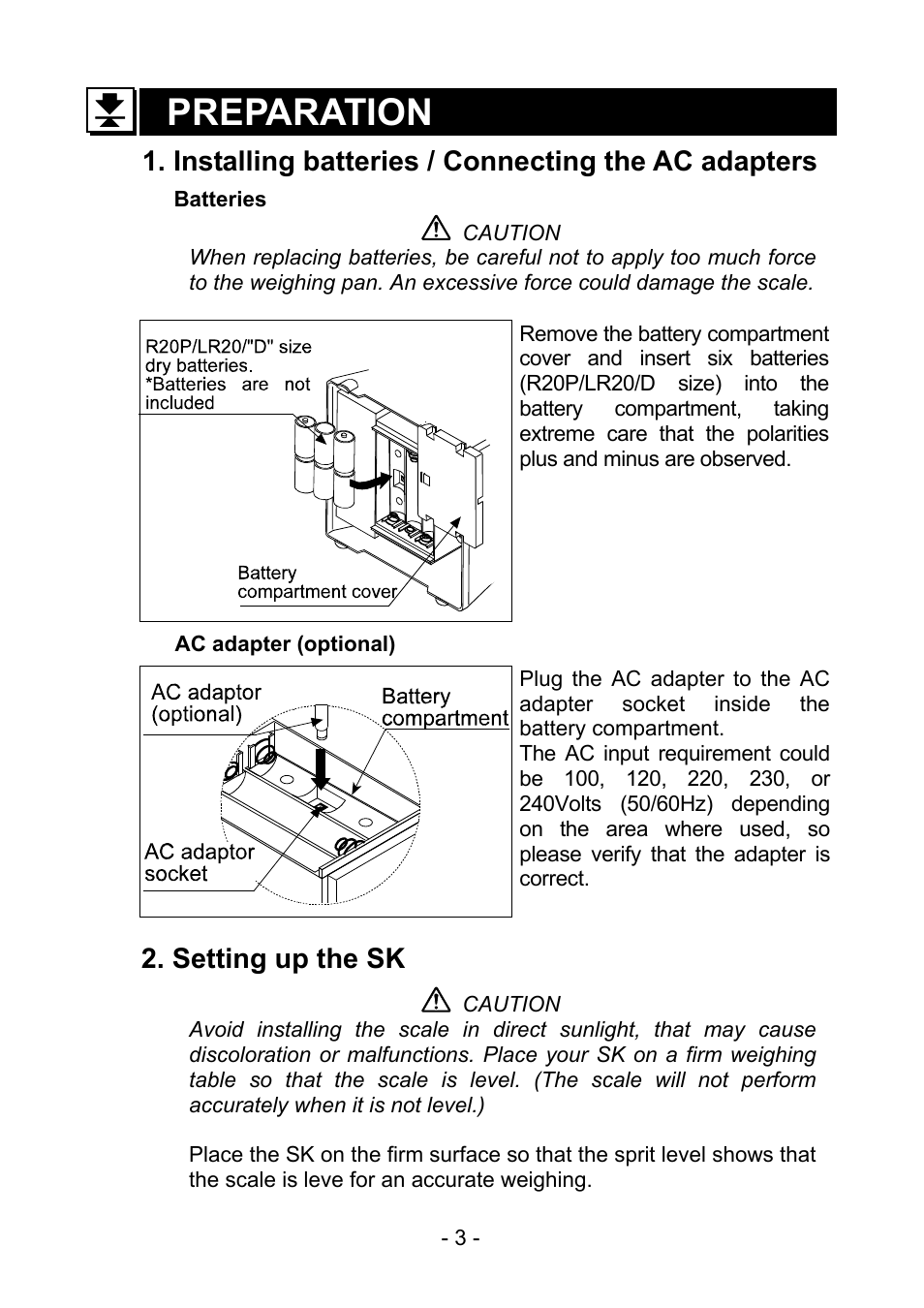 Preparation, Installing batteries / connecting the ac adapters, Setting up the sk | A&D Weighing SK-30K User Manual | Page 4 / 10