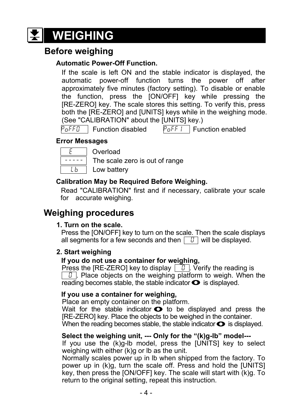 Weighing, Before weighing, Weighing procedures | A&D Weighing SK-30K User Manual | Page 5 / 10