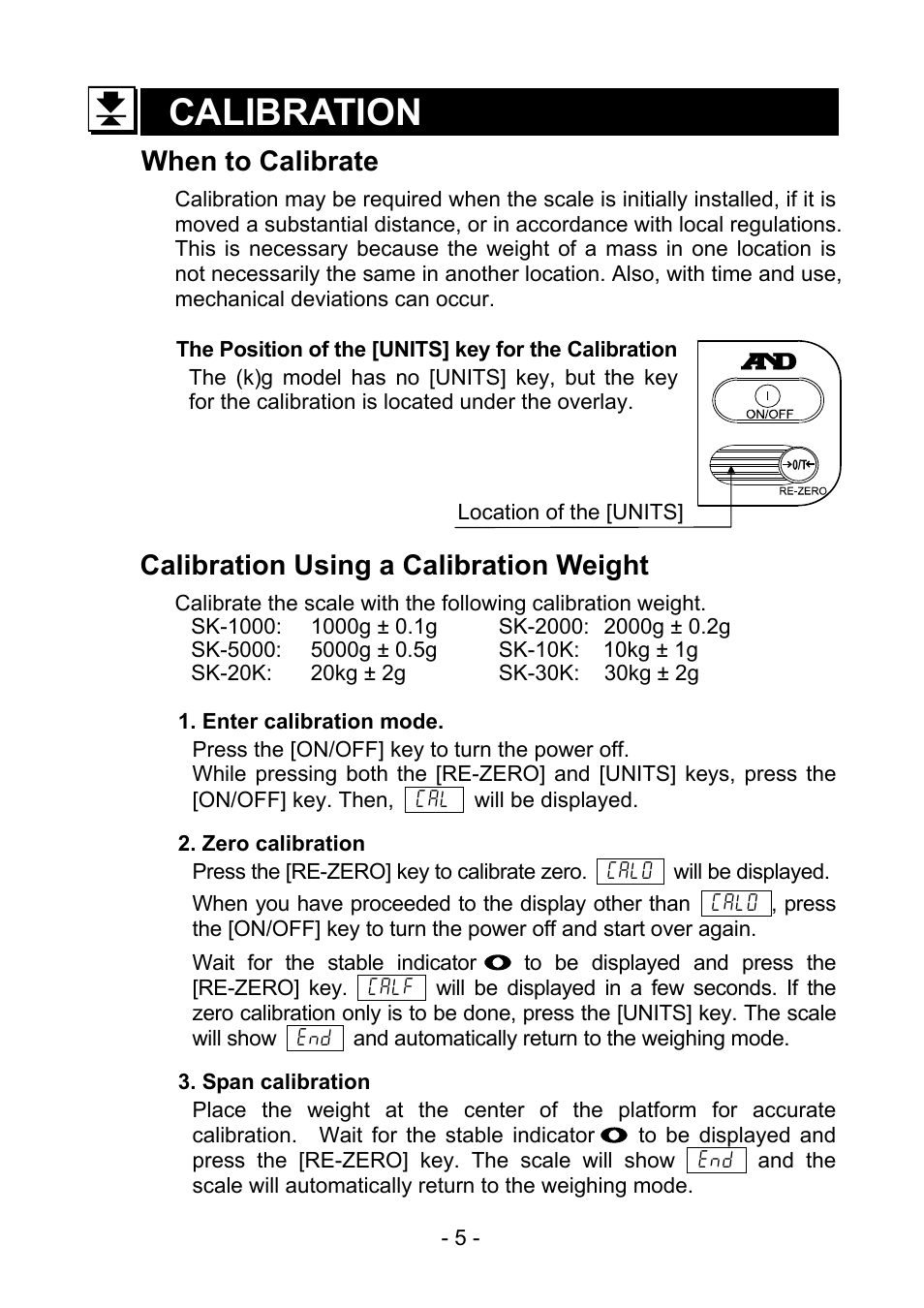 Calibration, When to calibrate, Calibration using a calibration weight | A&D Weighing SK-30K User Manual | Page 6 / 10