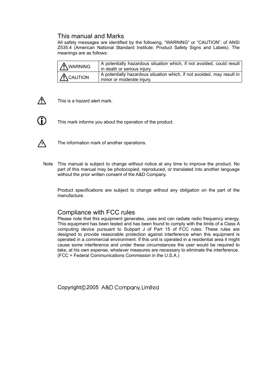 This manual and marks, Compliance with fcc rules | A&D Weighing HC-3Ki User Manual | Page 2 / 60