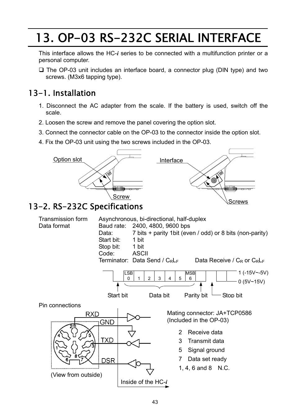 1. installation, 2. rs-232c specifications | A&D Weighing HC-3Ki User Manual | Page 45 / 60