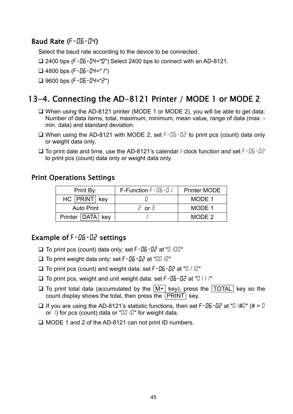 Baud rate (f-06-04), Print operations settings, Example of f-06-02 settings | A&D Weighing HC-3Ki User Manual | Page 47 / 60