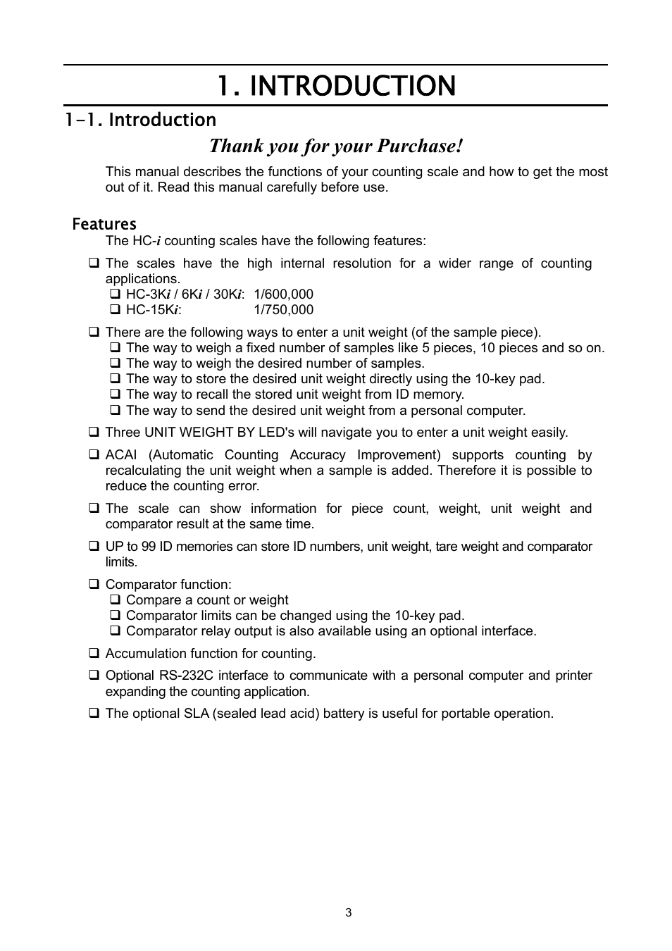 Introduction, 1. introduction | A&D Weighing HC-3Ki User Manual | Page 5 / 60