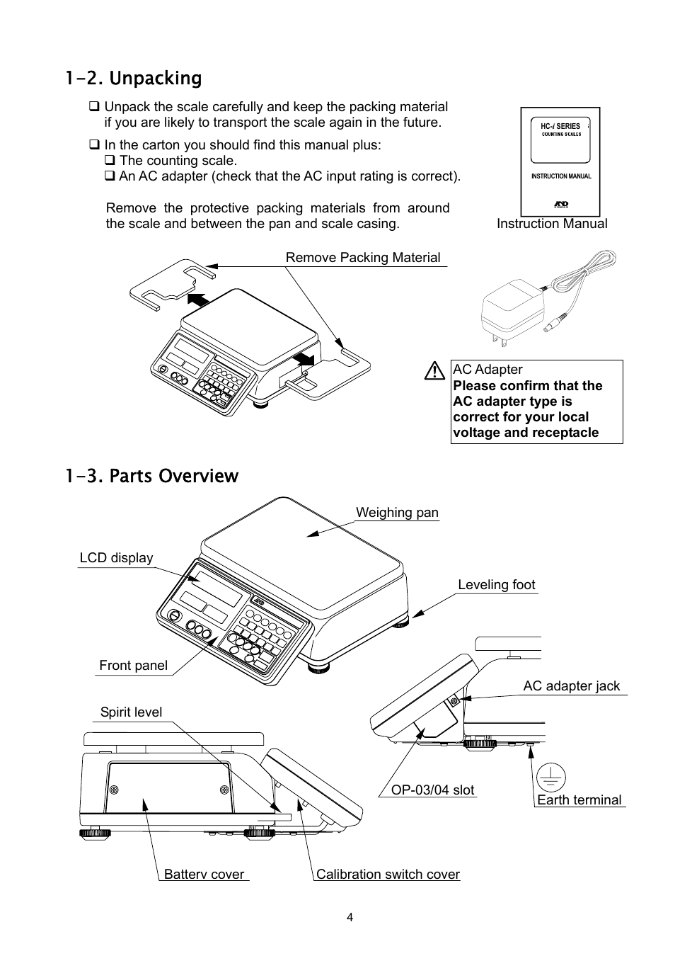 2. unpacking, 3. parts overview | A&D Weighing HC-3Ki User Manual | Page 6 / 60