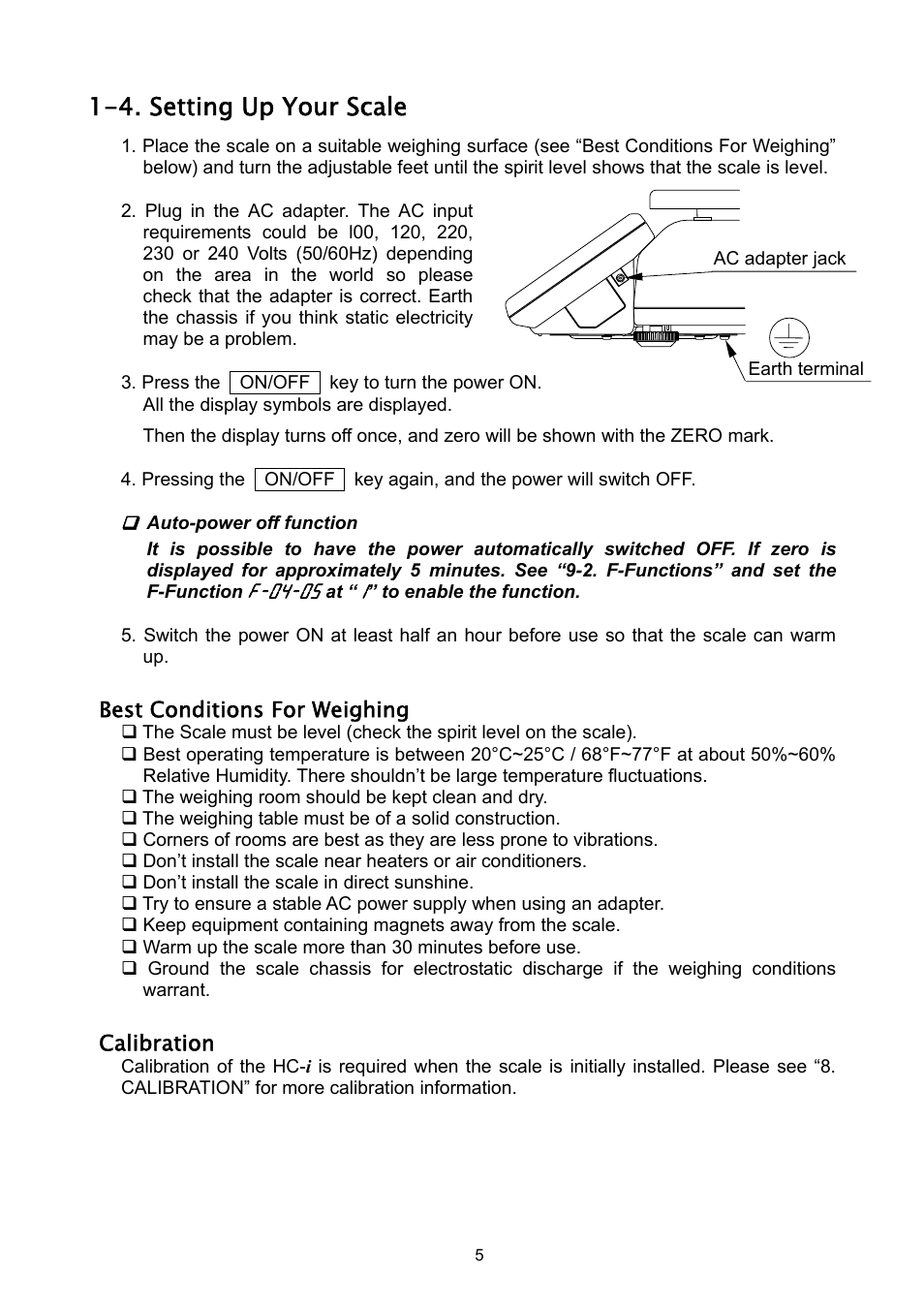 4. setting up your scale | A&D Weighing HC-3Ki User Manual | Page 7 / 60