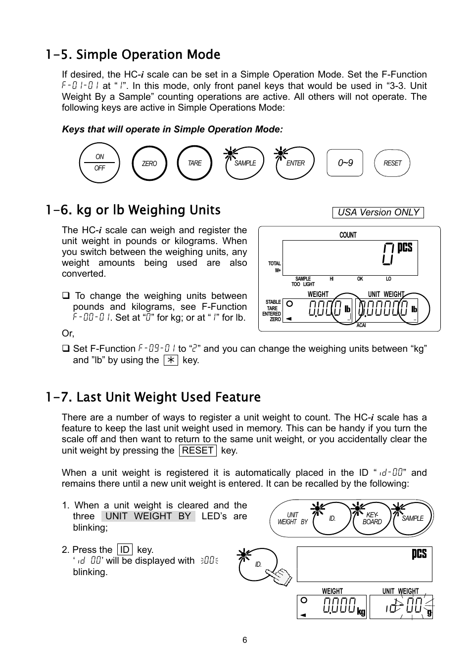 Aid-00, 5. simple operation mode, 6. kg or lb weighing units | 7. last unit weight used feature | A&D Weighing HC-3Ki User Manual | Page 8 / 60