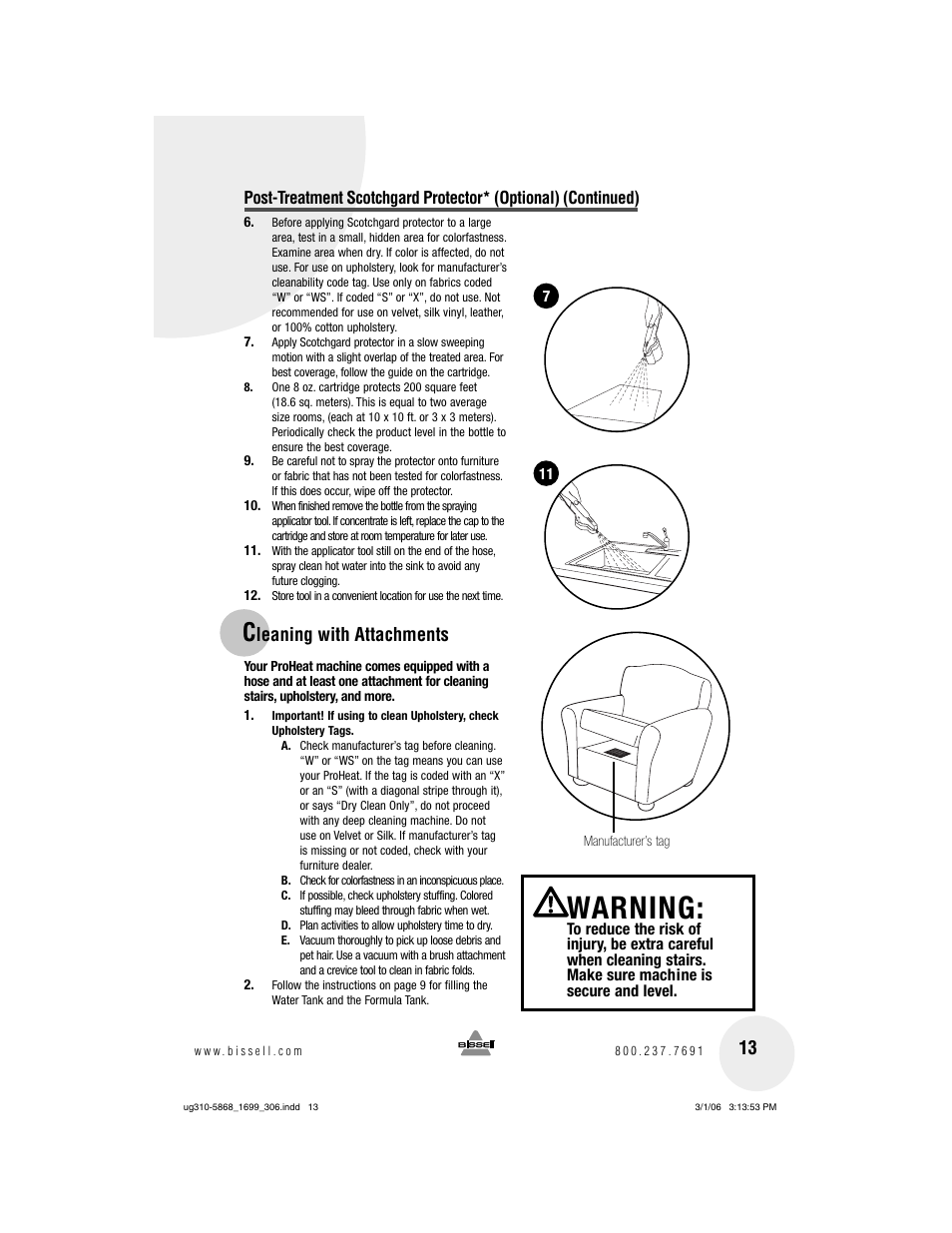 Warning, Leaning with attachments | Bissell 1699 User Manual | Page 13 / 20
