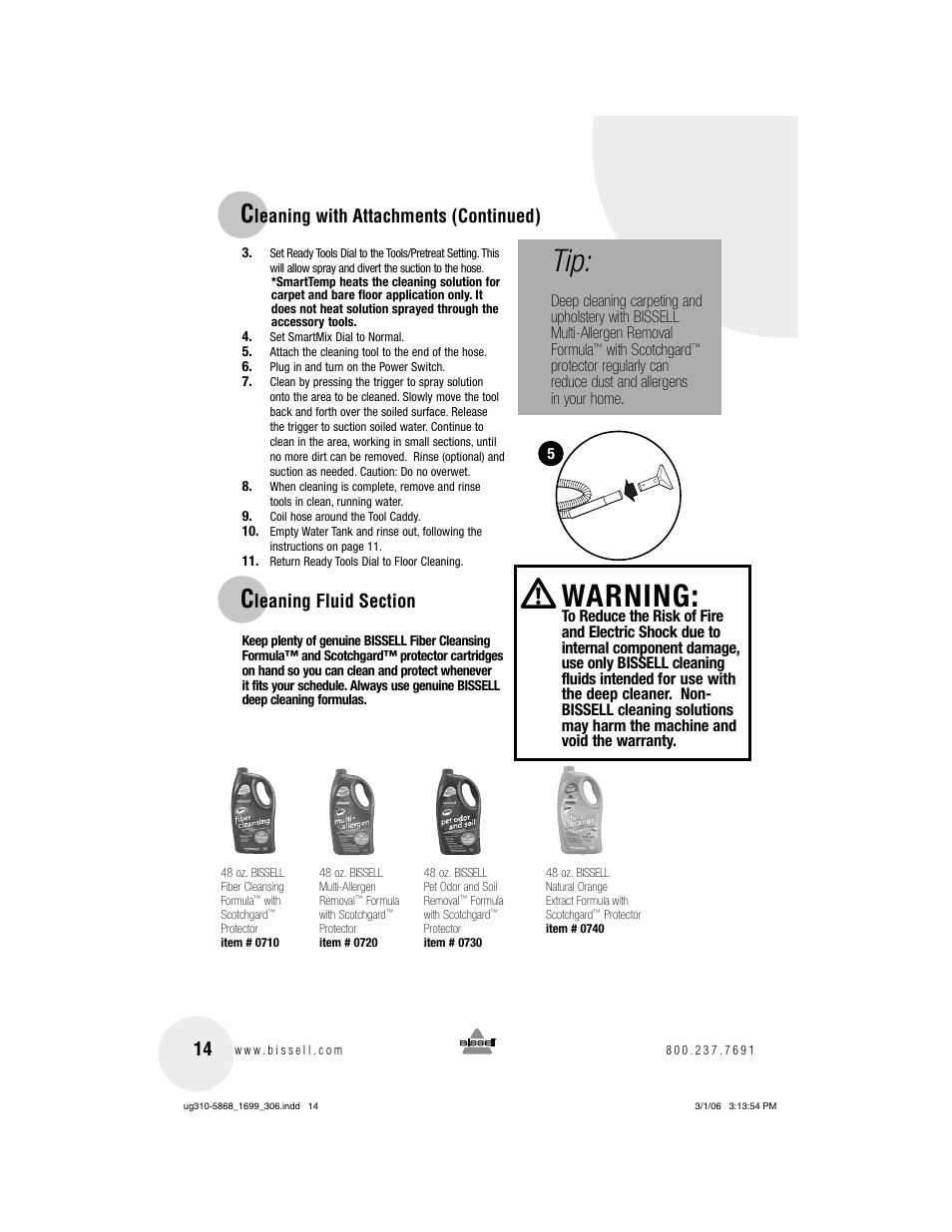 Warning, Leaning with attachments (continued) | Bissell 1699 User Manual | Page 14 / 20
