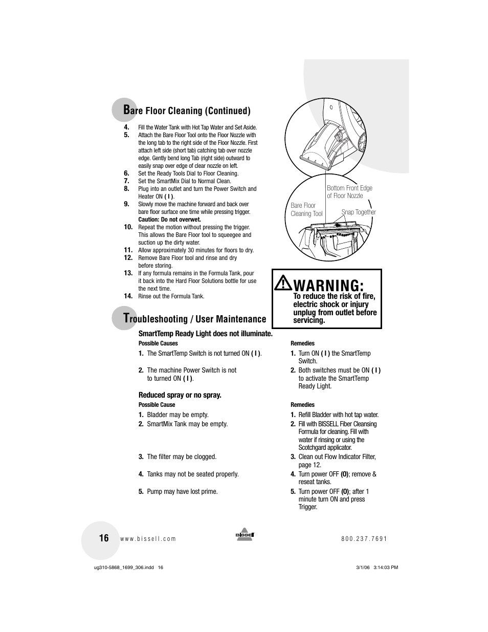 Warning, Are floor cleaning (continued), Roubleshooting / user maintenance | Bissell 1699 User Manual | Page 16 / 20