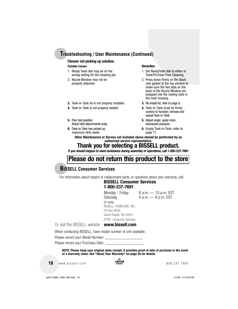 Please do not return this product to the store | Bissell 1699 User Manual | Page 18 / 20