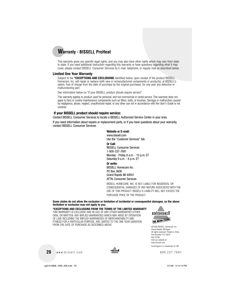 Arranty - bissell proheat | Bissell 1699 User Manual | Page 20 / 20