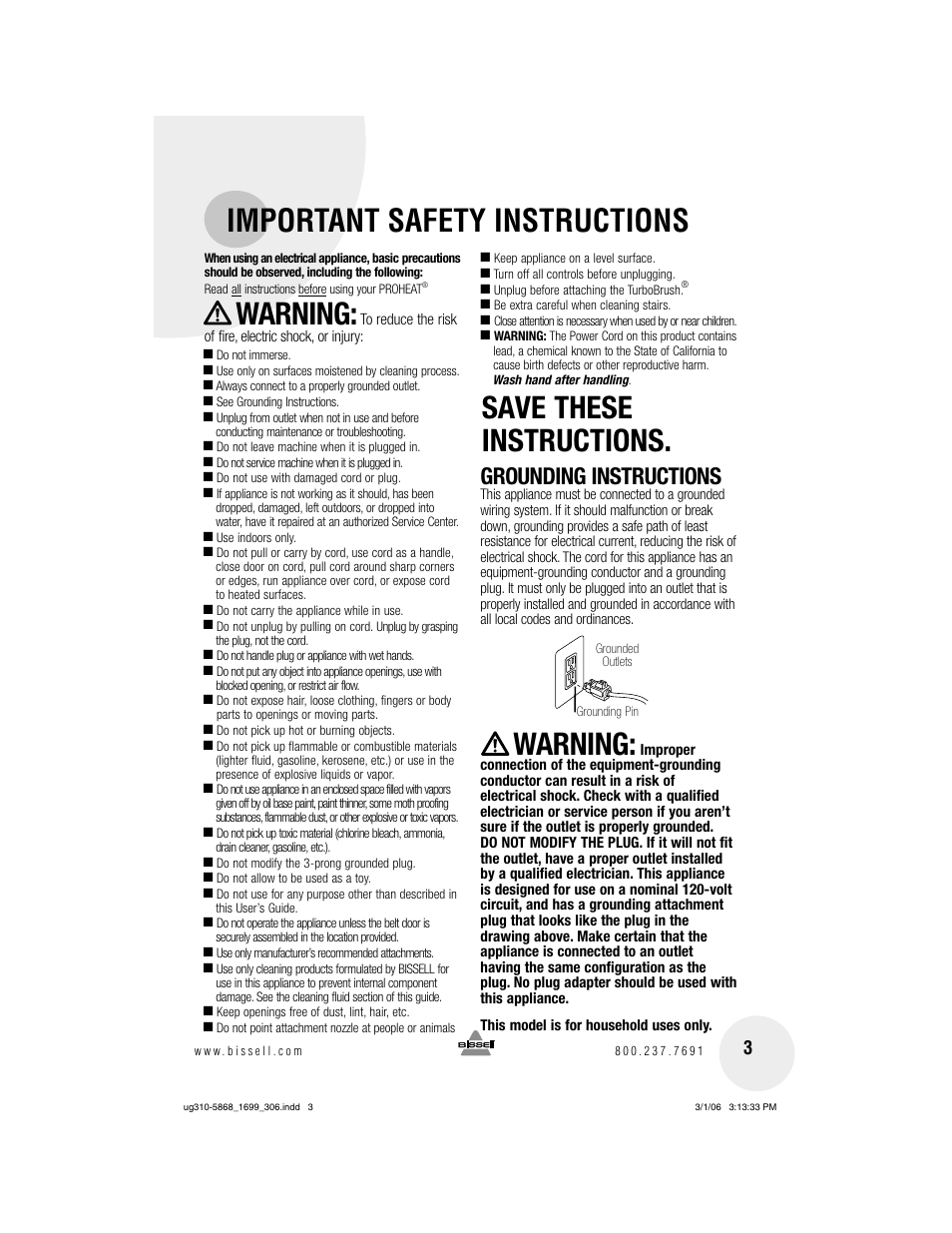 Important safety instructions, Warning, Save these instructions | Grounding instructions | Bissell 1699 User Manual | Page 3 / 20