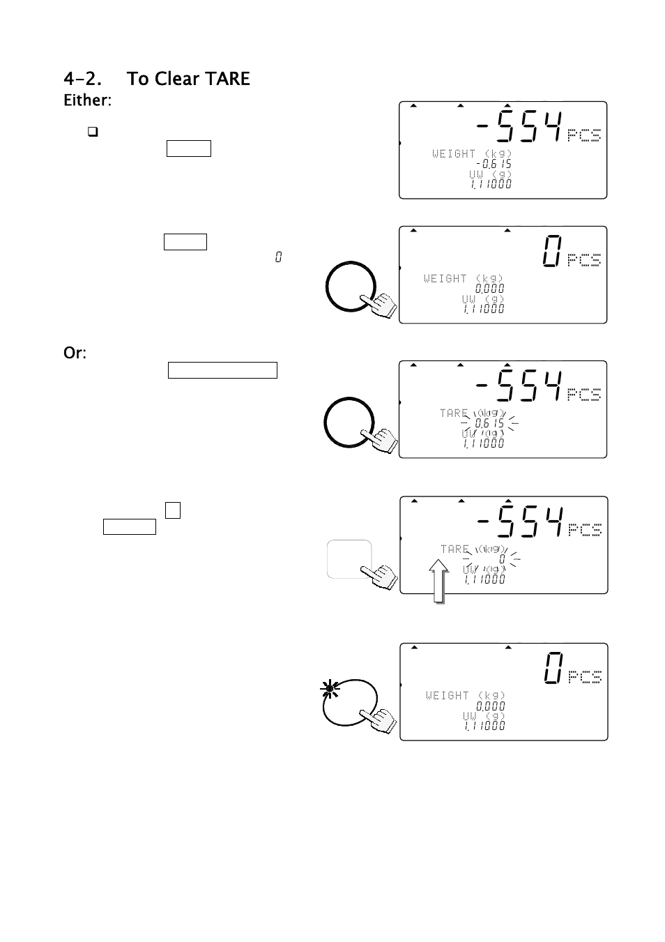 881 pcs, 2. to clear tare, Either | A&D Weighing FC-500Si User Manual | Page 22 / 86