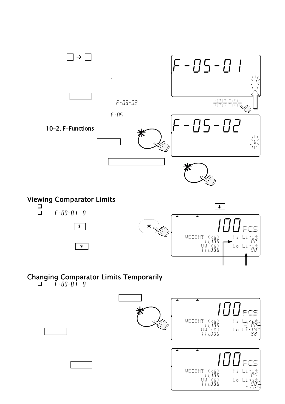 F-05-01, F-05-02, 881 pcs | Viewing comparator limits, Changing comparator limits temporarily | A&D Weighing FC-500Si User Manual | Page 31 / 86