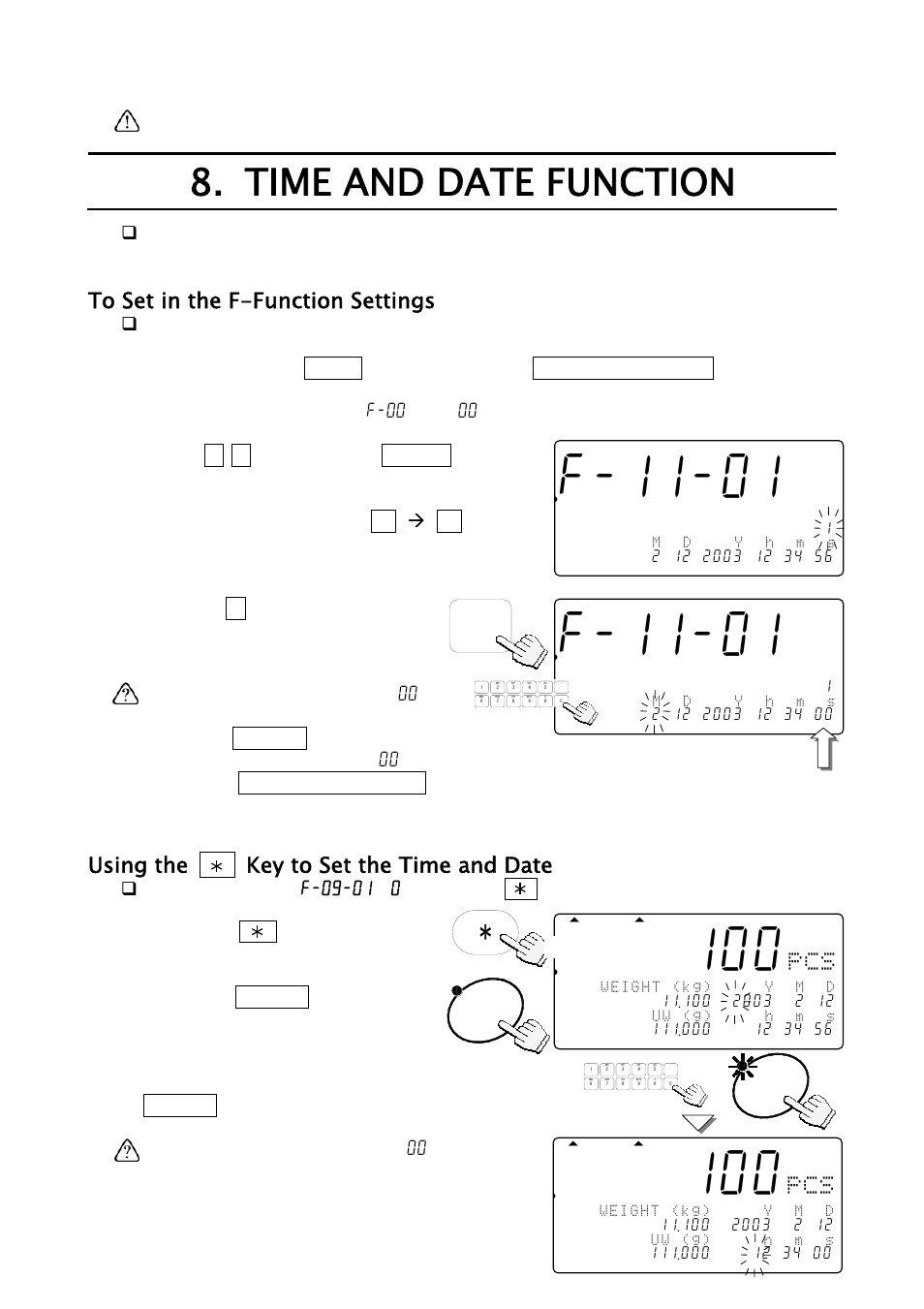 F-11-01, Time and date function, 881 pcs | Using the key to set the time and date, Zero, Key, then press the, Standby/operate, And press the, Enter | A&D Weighing FC-500Si User Manual | Page 32 / 86