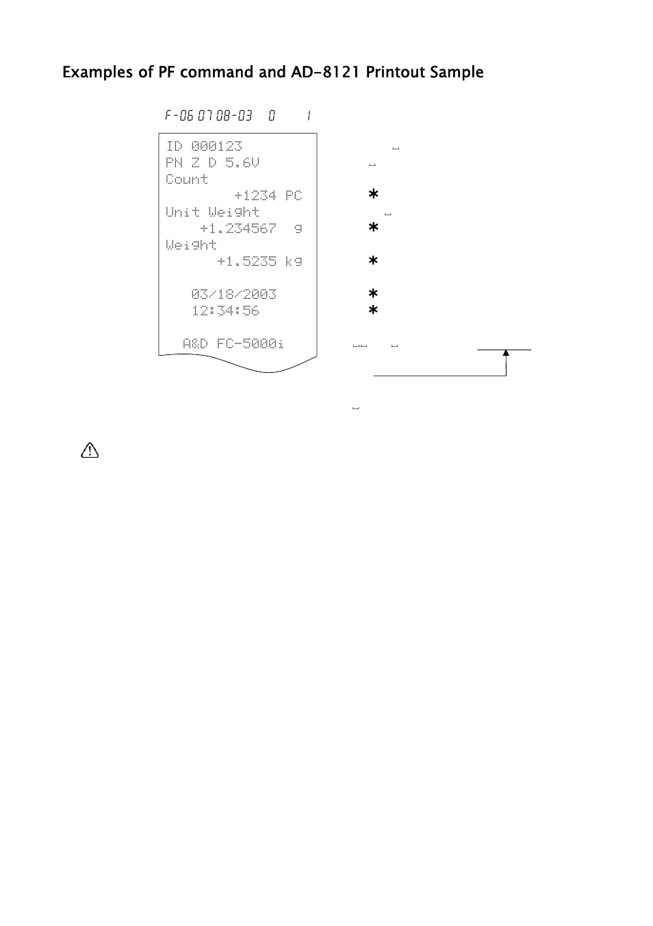 Examples of pf command and ad-8121 printout sample | A&D Weighing FC-500Si User Manual | Page 63 / 86