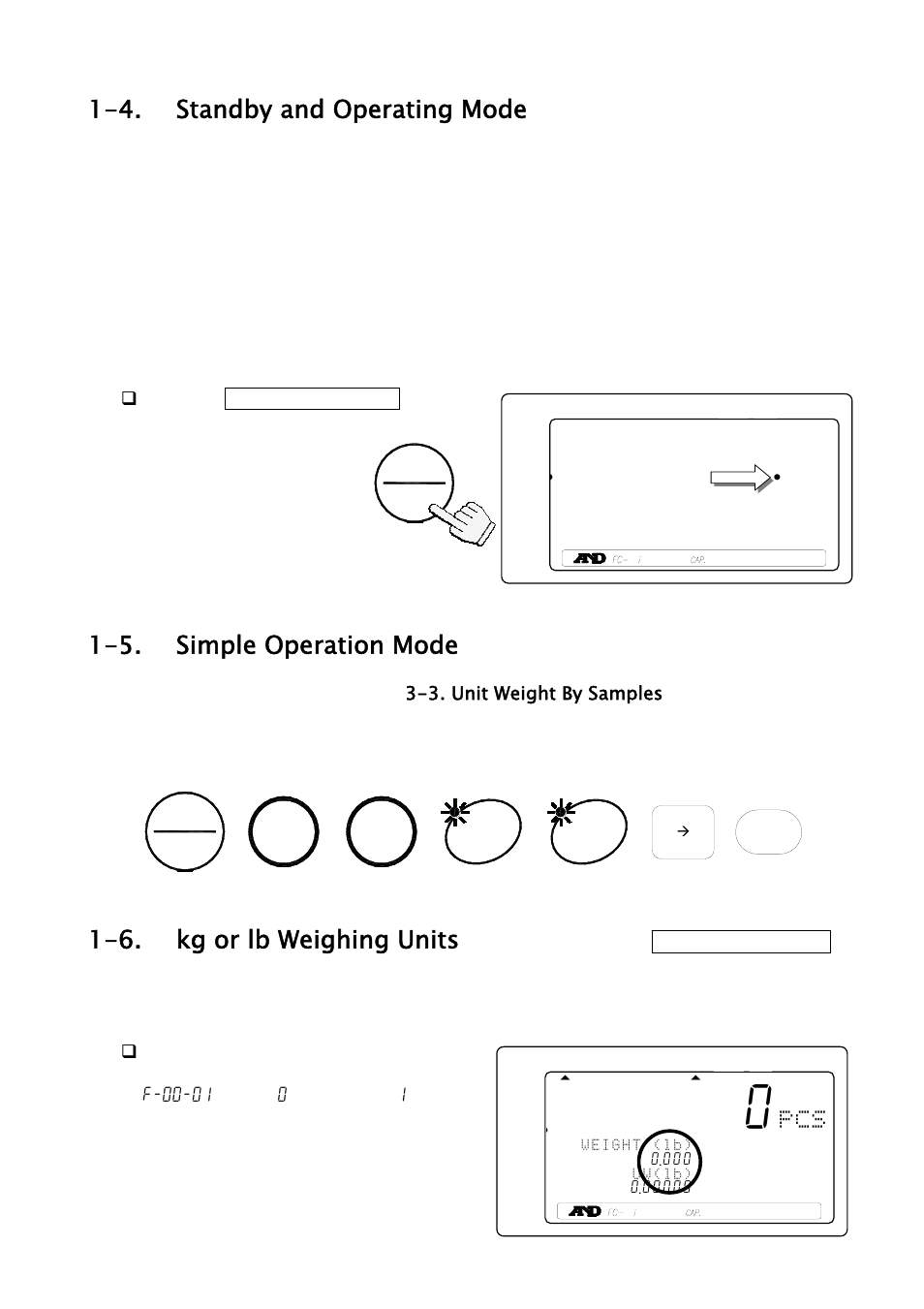 881 pcs, 4. standby and operating mode, 5. 1-6. simple operation mode | Kg or lb weighing units | A&D Weighing FC-500Si User Manual | Page 9 / 86