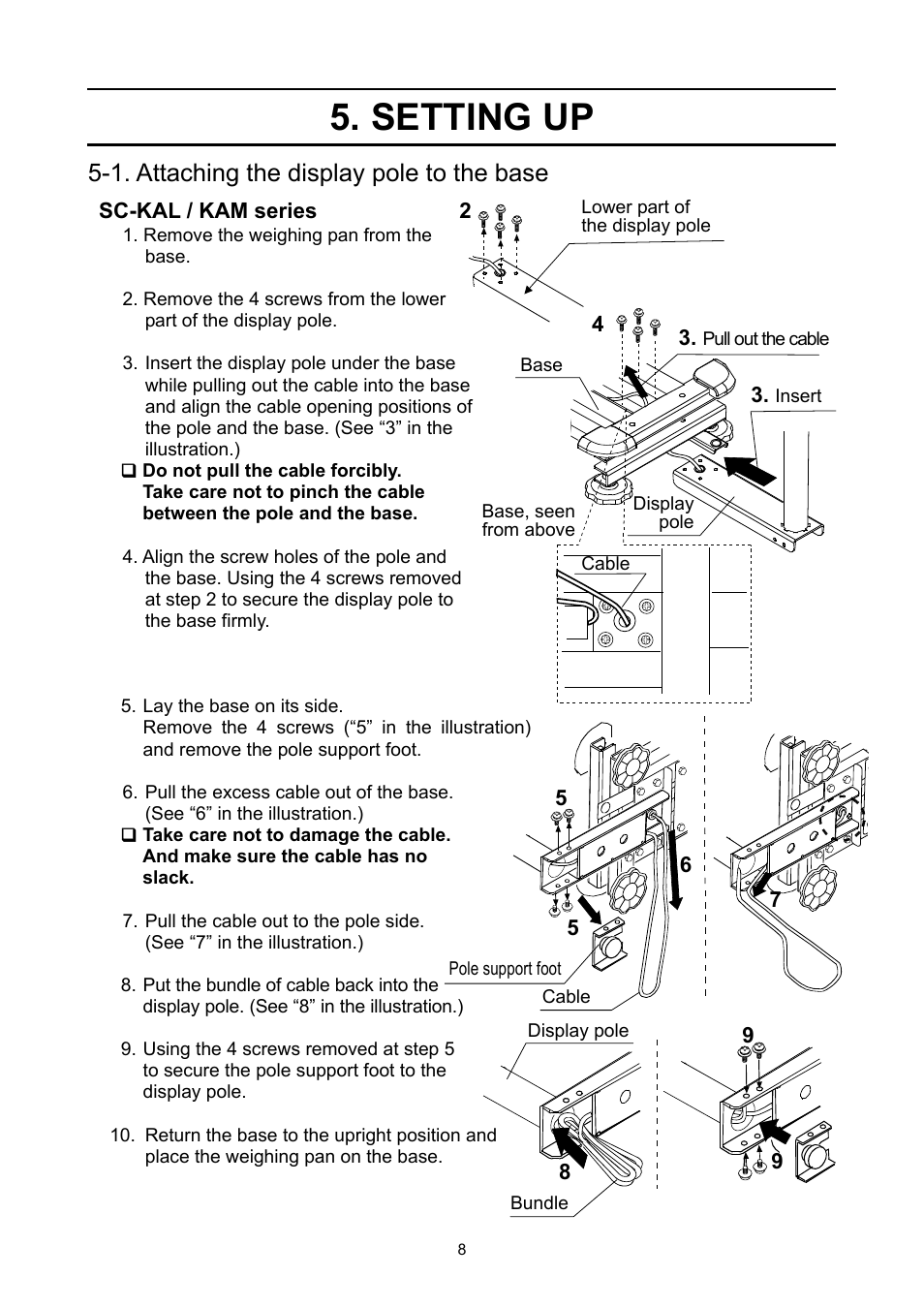 Setting up, 1. attaching the display pole to the base | A&D Weighing SE-150KAL User Manual | Page 10 / 29