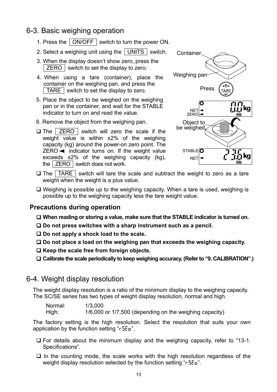 3. basic weighing operation, 4. weight display resolution | A&D Weighing SE-150KAL User Manual | Page 15 / 29