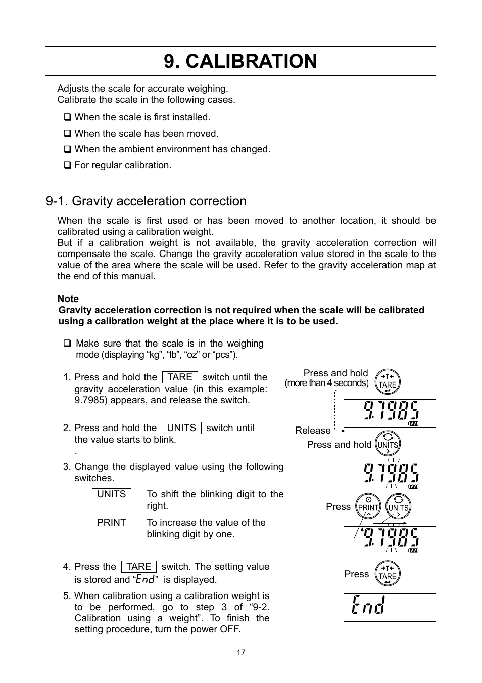 Calibration, 1. gravity acceleration correction | A&D Weighing SE-150KAL User Manual | Page 19 / 29