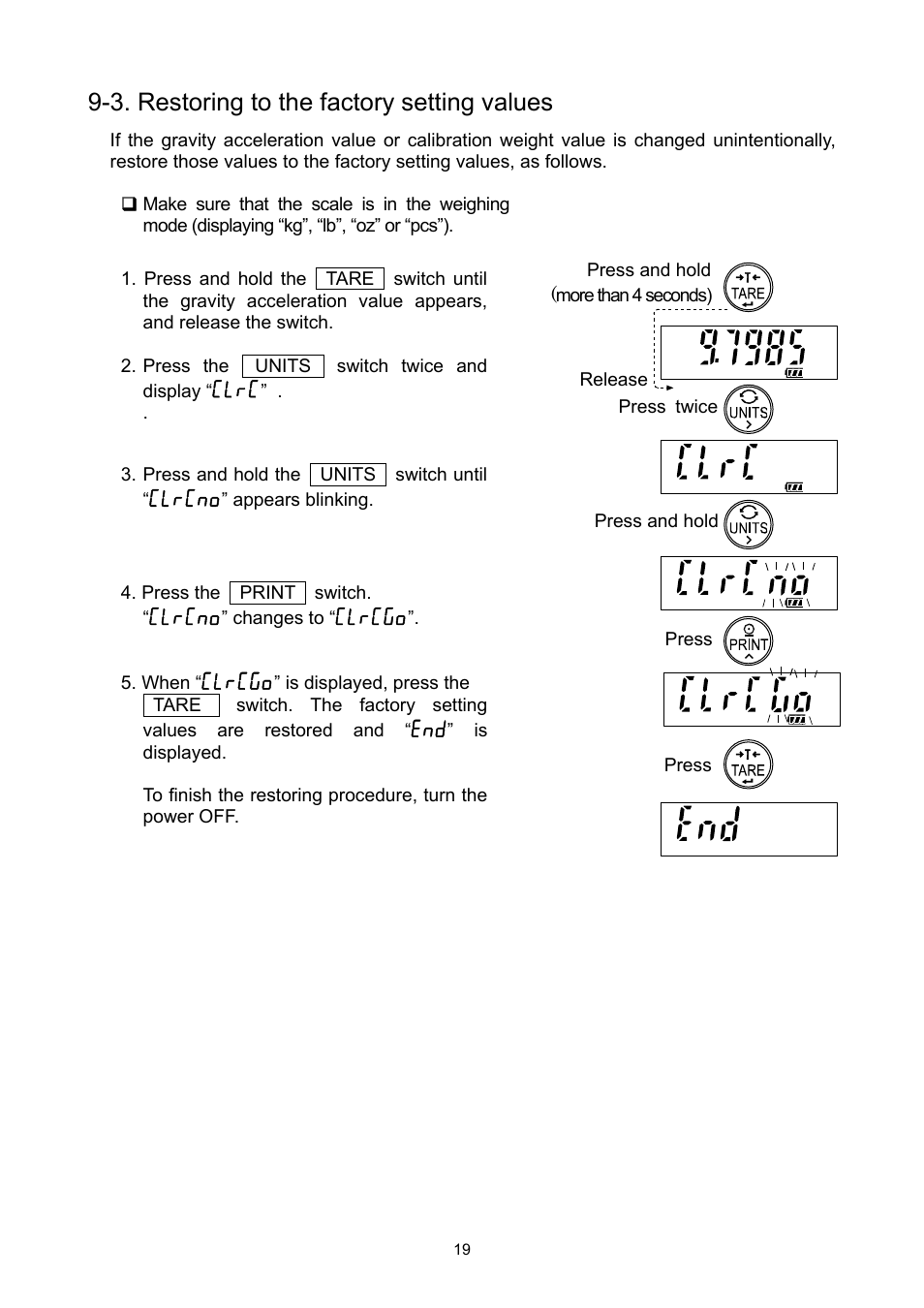 3. restoring to the factory setting values | A&D Weighing SE-150KAL User Manual | Page 21 / 29