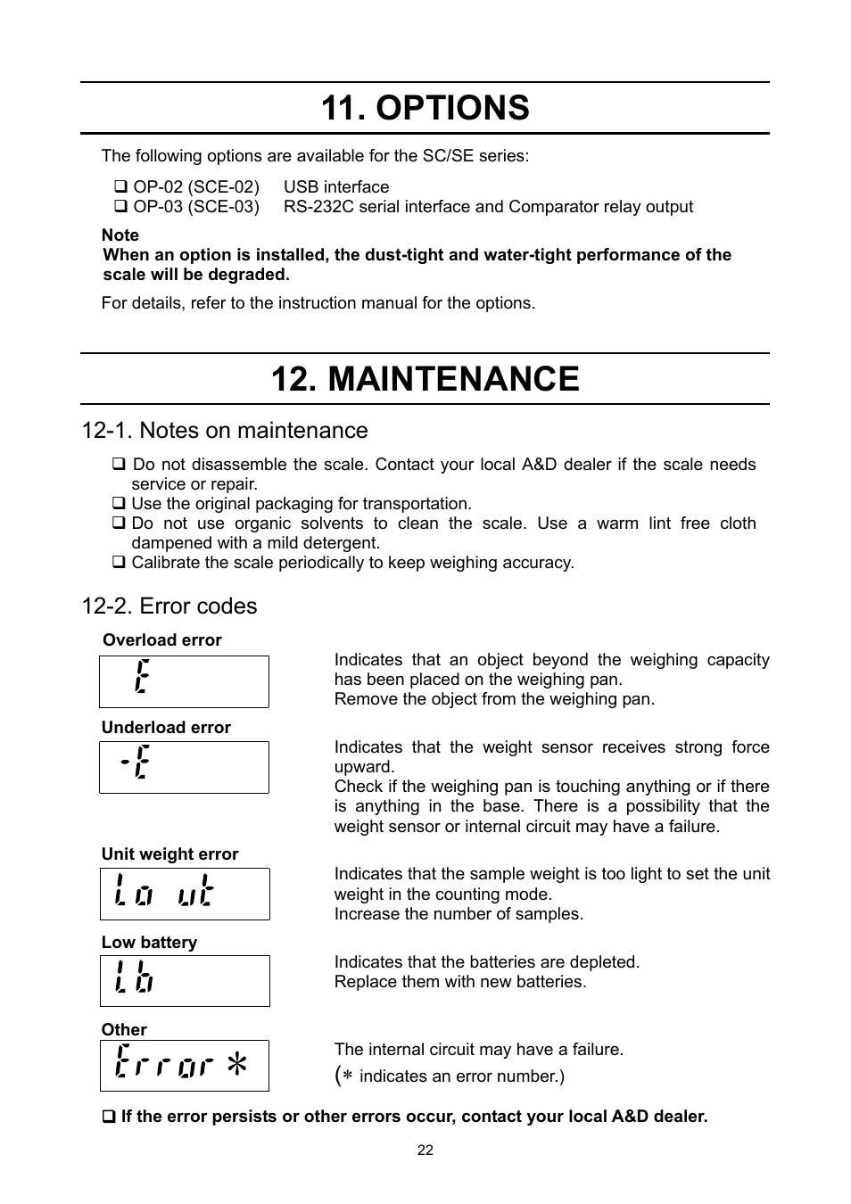 Options, Maintenance, 2. error codes | A&D Weighing SE-150KAL User Manual | Page 24 / 29