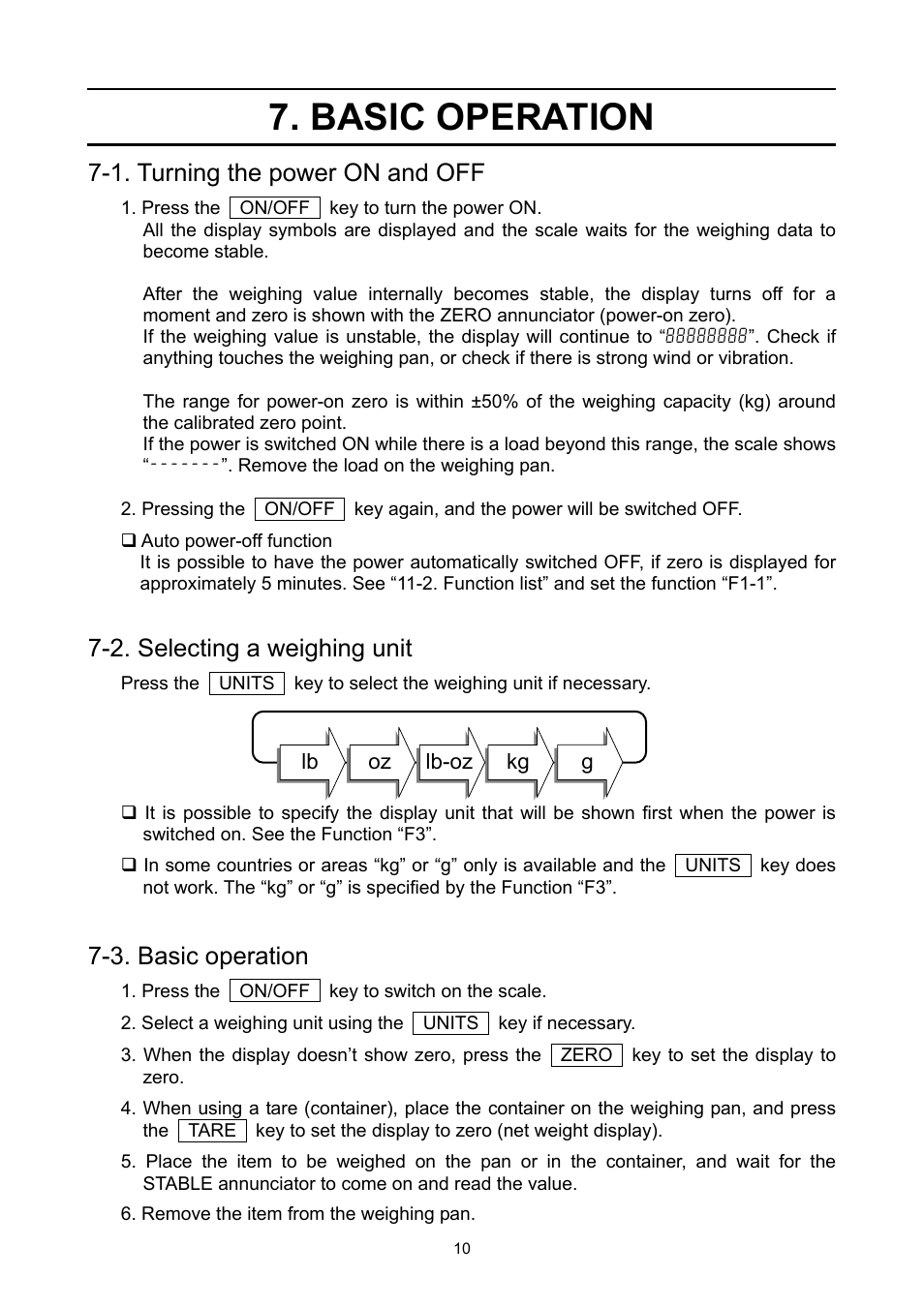 Basic operation, 1. turning the power on and off, 2. selecting a weighing unit | 3. basic operation | A&D Weighing FS-30Ki User Manual | Page 12 / 36