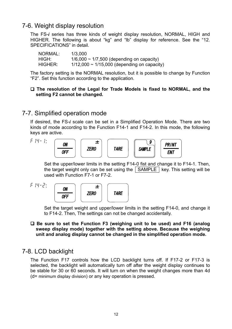 6. weight display resolution, 7. simplified operation mode, 8. lcd backlight | A&D Weighing FS-30Ki User Manual | Page 14 / 36