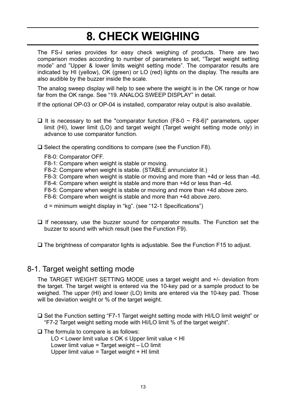 Check weighing, 1. target weight setting mode | A&D Weighing FS-30Ki User Manual | Page 15 / 36