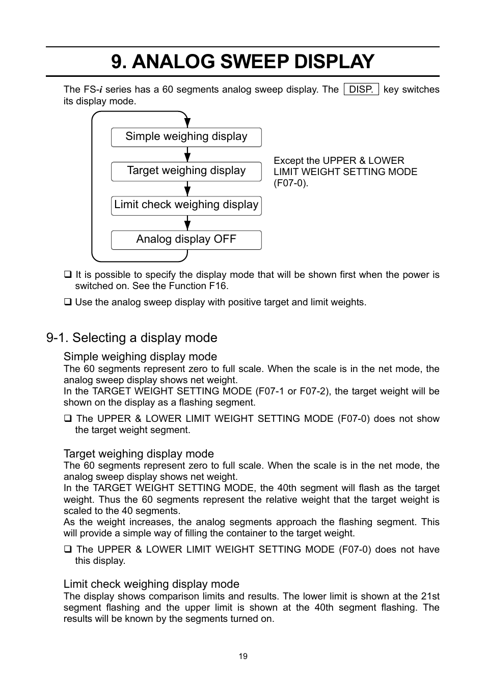 Analog sweep display, 1. selecting a display mode | A&D Weighing FS-30Ki User Manual | Page 21 / 36