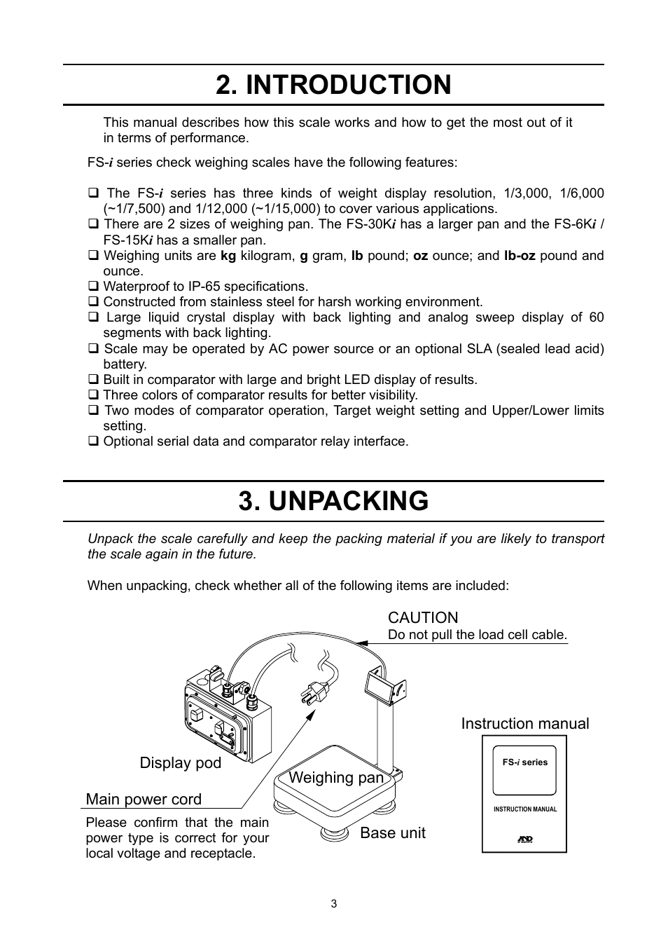 Introduction, Unpacking | A&D Weighing FS-30Ki User Manual | Page 5 / 36