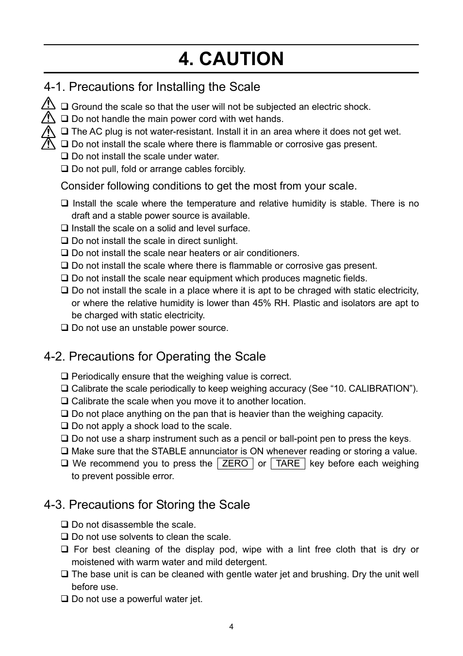 Caution, 1. precautions for installing the scale, 2. precautions for operating the scale | 3. precautions for storing the scale | A&D Weighing FS-30Ki User Manual | Page 6 / 36