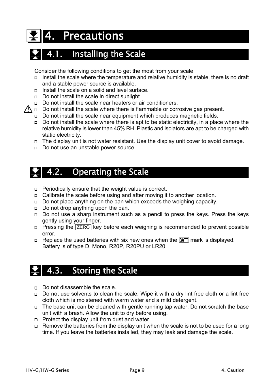 Precautions, Installing the scale, Operating the scale | Storing the scale | A&D Weighing HW-1200KGV3 User Manual | Page 11 / 86