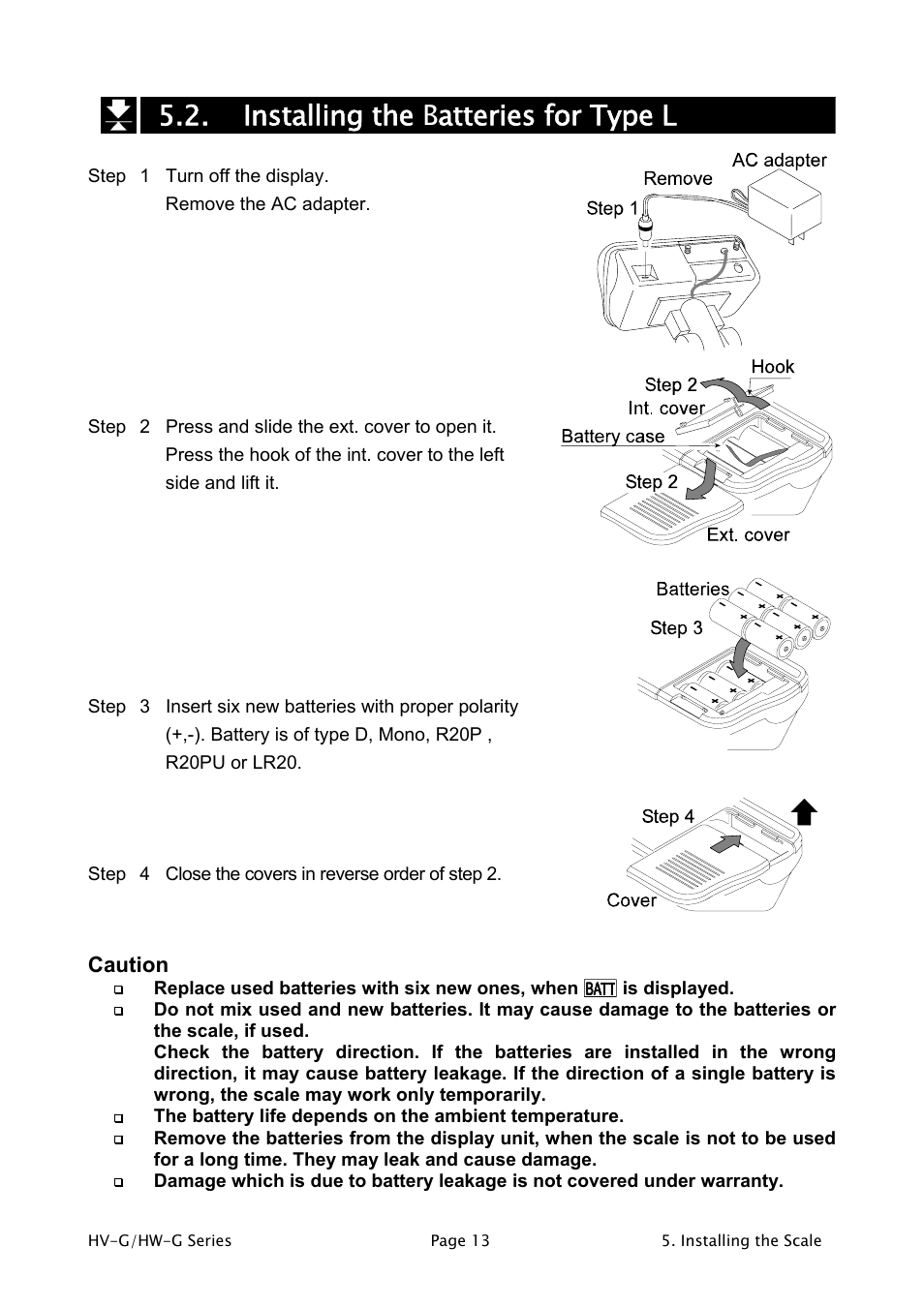 Installing the batteries for type l | A&D Weighing HW-1200KGV3 User Manual | Page 15 / 86