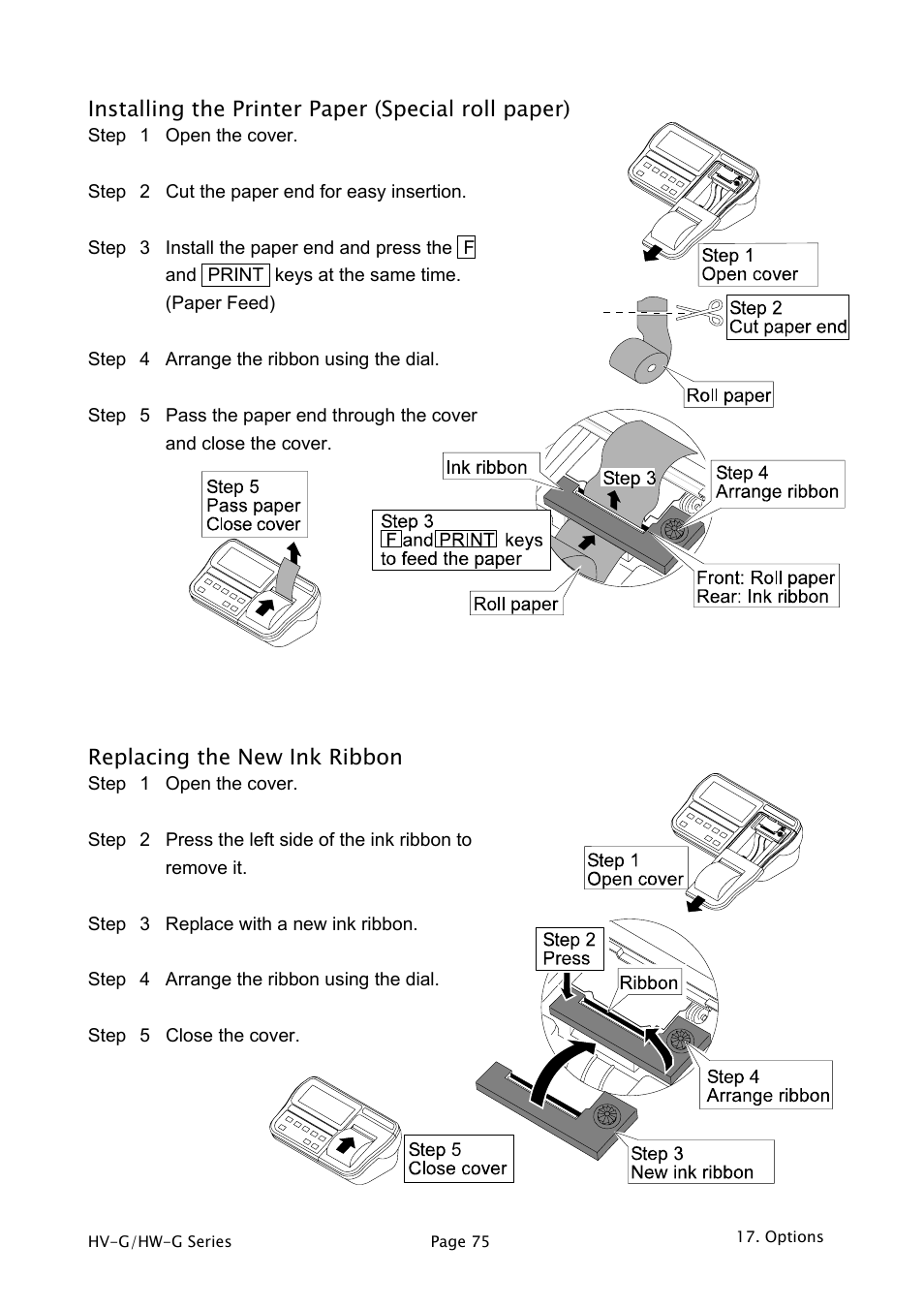 Installing the printer paper (special roll paper), Replacing the new ink ribbon | A&D Weighing HW-1200KGV3 User Manual | Page 77 / 86