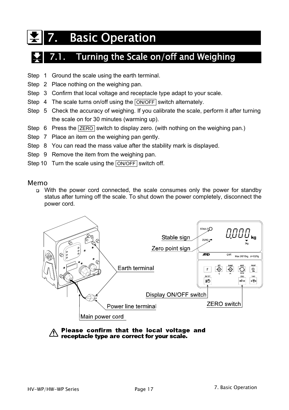 Basic operation, Turning the scale on/off and weighing | A&D Weighing HW-200KV-WP User Manual | Page 19 / 74