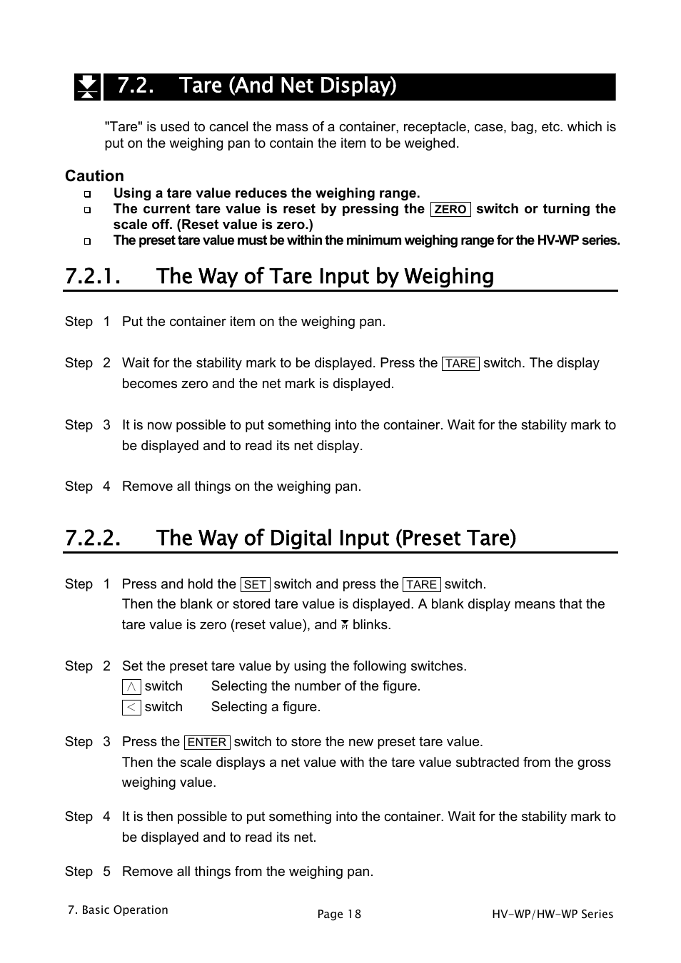 Tare (and net display), The way of tare input by weighing, The way of digital input (preset tare) | A&D Weighing HW-200KV-WP User Manual | Page 20 / 74