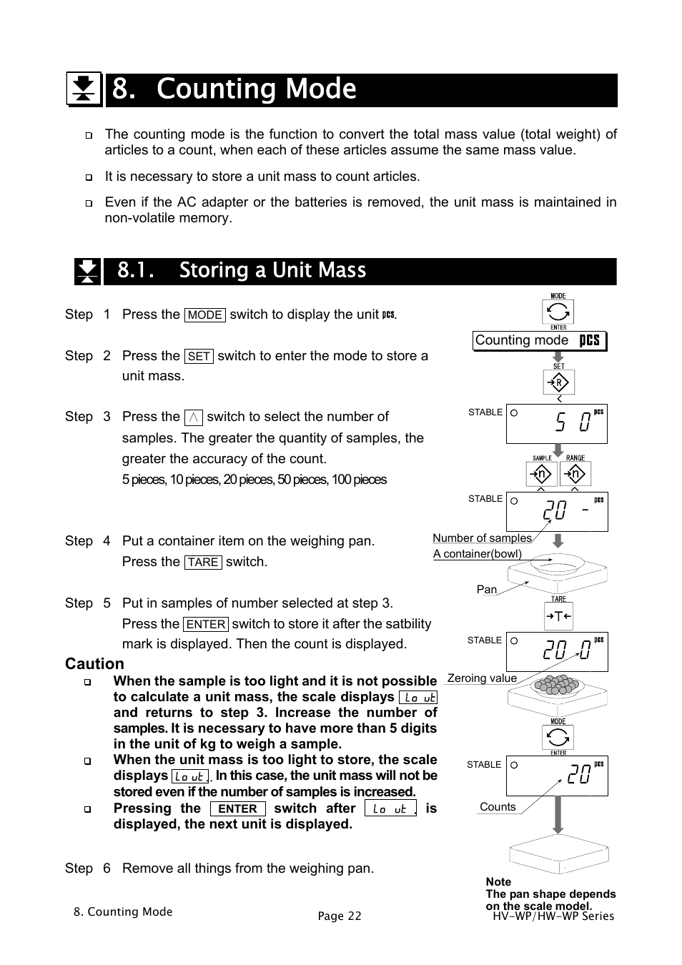 Counting mode, Storing a unit mass, Caution | A&D Weighing HW-200KV-WP User Manual | Page 24 / 74