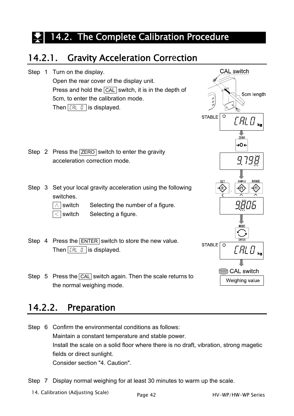 The complete calibration procedure, Gravity acceleration correction, Preparation | A&D Weighing HW-200KV-WP User Manual | Page 44 / 74