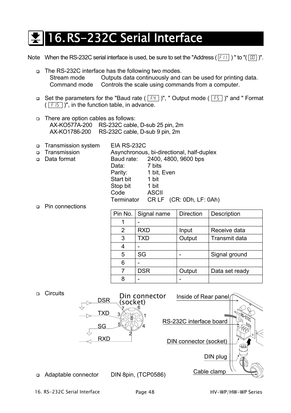 Rs-232c serial interface | A&D Weighing HW-200KV-WP User Manual | Page 50 / 74