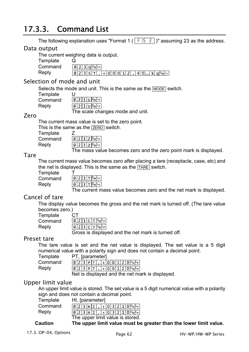 Command list | A&D Weighing HW-200KV-WP User Manual | Page 64 / 74