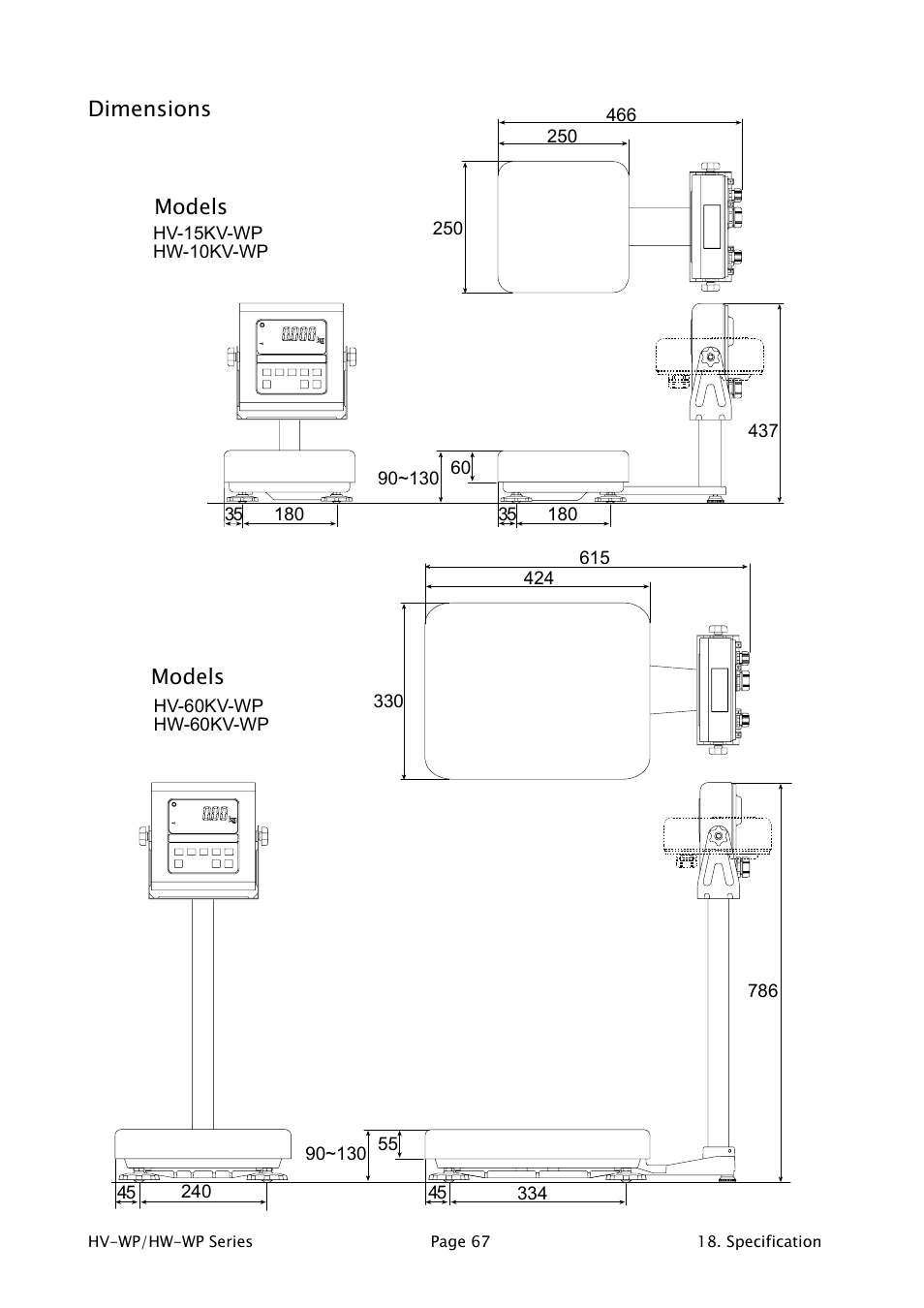 Dimensions, Models | A&D Weighing HW-200KV-WP User Manual | Page 69 / 74