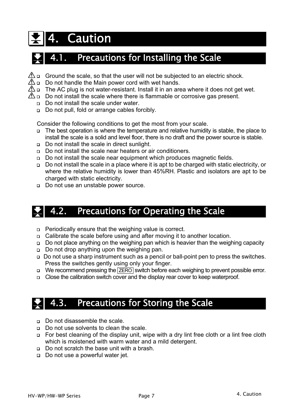 Caution, Precautions for installing the scale, Precautions for operating the scale | Precautions for storing the scale | A&D Weighing HW-200KV-WP User Manual | Page 9 / 74